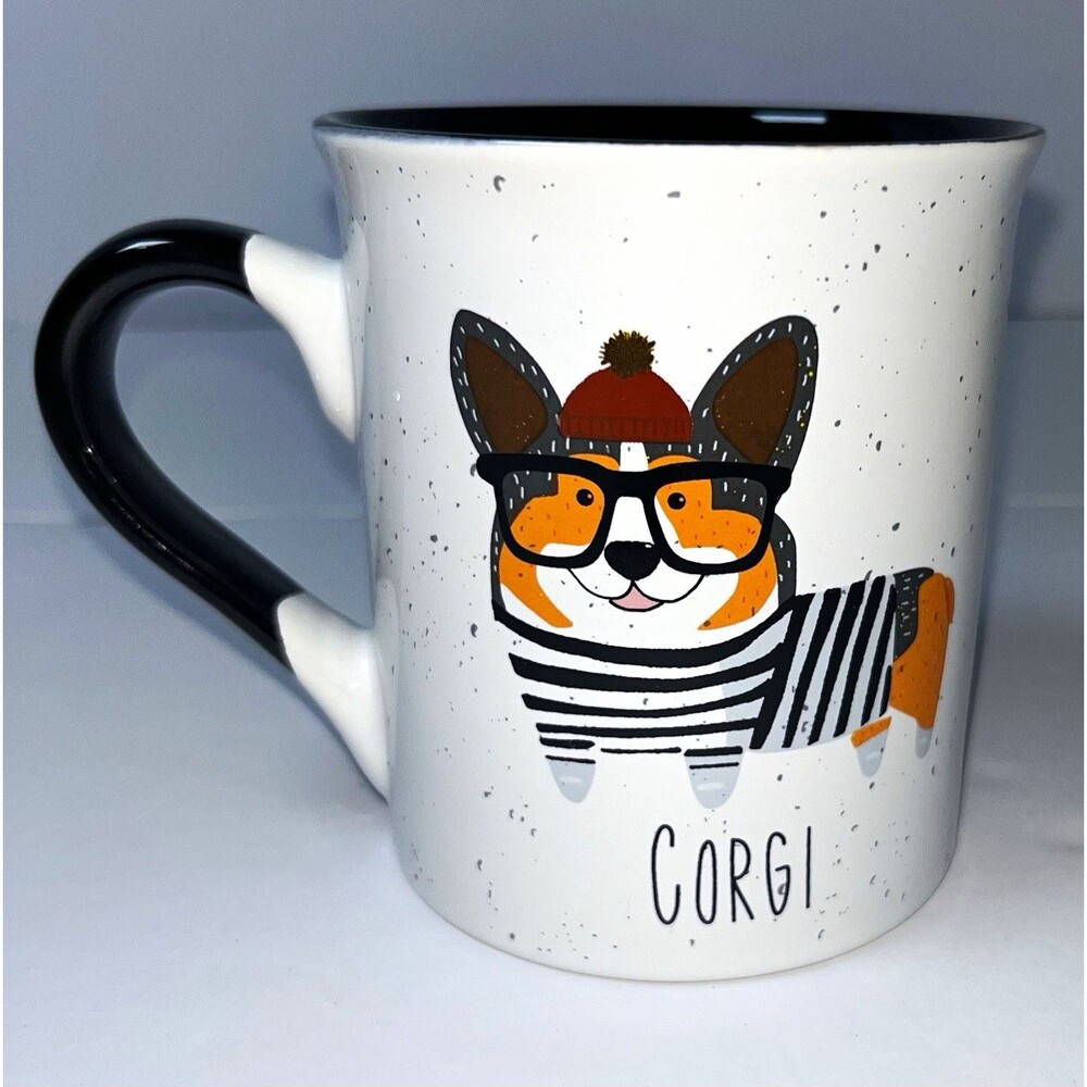 Corgi Ceramic Coffee Mug White/Black Speckled 15 oz Never Used